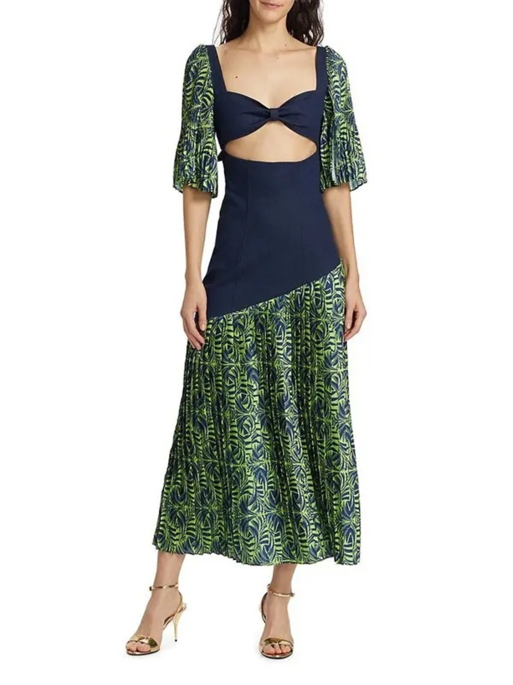 Claude Kameni Jolie Denim Cutout Puff Sleeve Mixed Media Midi Dress Sz 2
